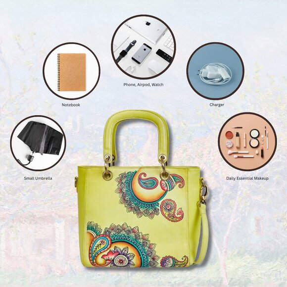 Yellow Top Handle Handbag for Ladies, Hand painted Leather Crossbody Bag, Purse - Picture 3 of 9